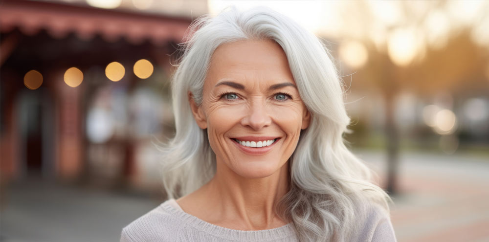 Beautiful happy woman smiling at the camera outdoors. Close-up portrait of a cheerful handsome European woman in the city. Middle aged delighted caucasian woman standing in a city.